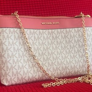 Michael Kors Pink and Cream Clutch with Gold Chain
